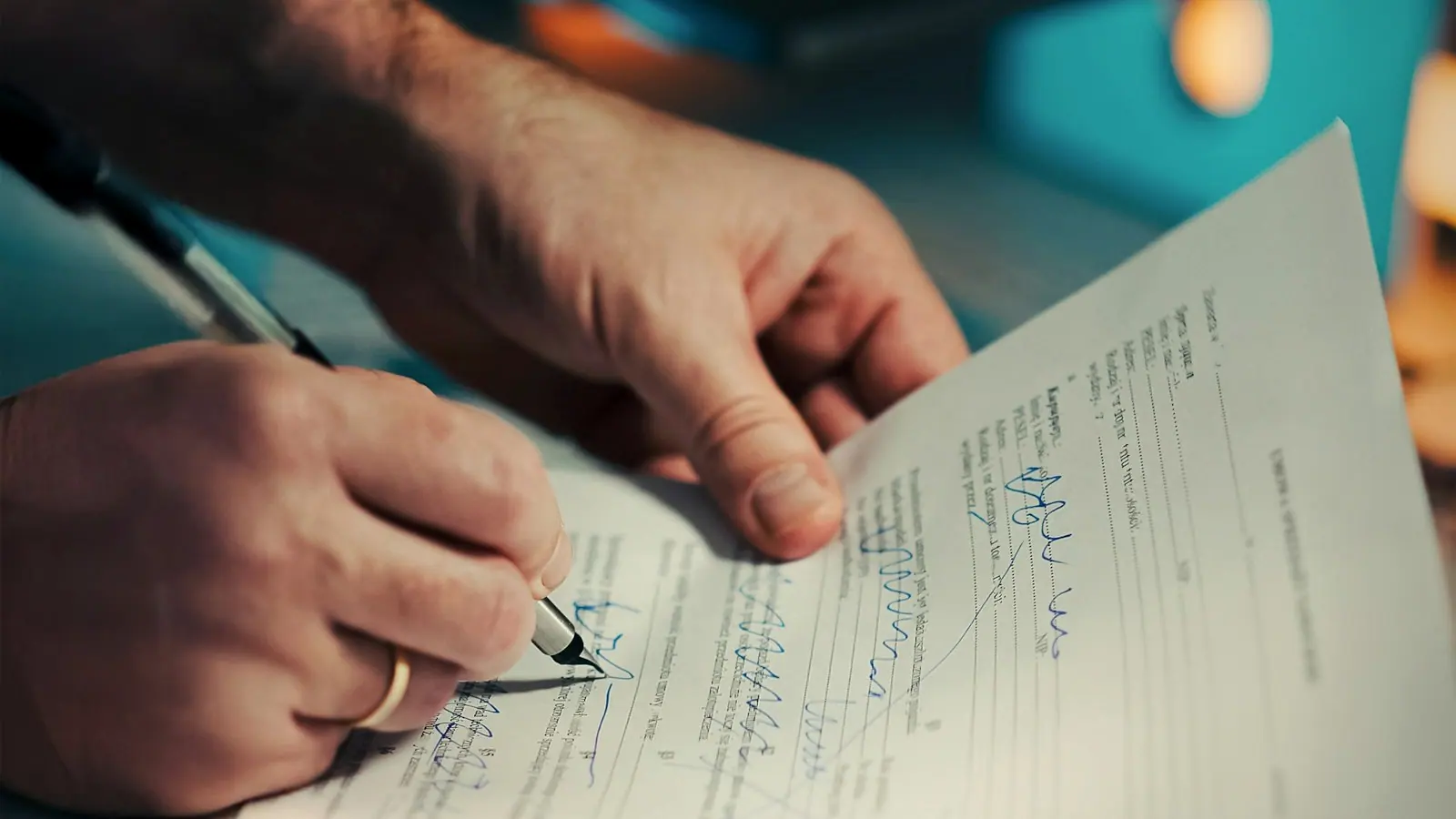 Hands signing a document at a desk in warm evening light.